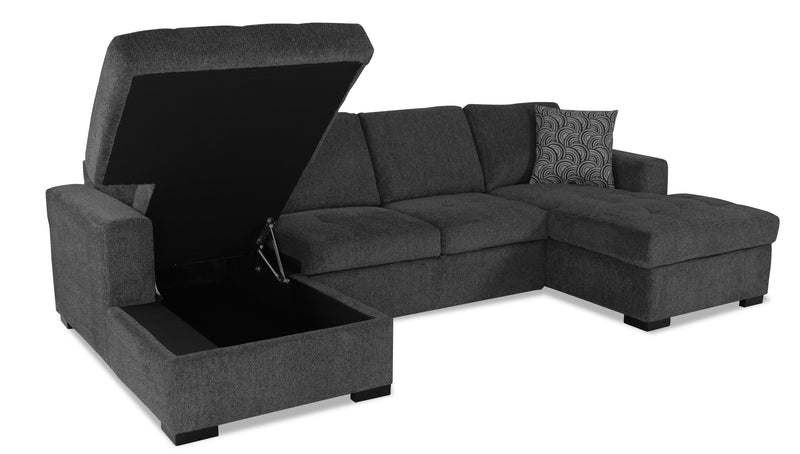 Made in Canada Legend 3-Piece Chenille Fabric Sleeper Sectional with Two Storage Chaises - Pepper Grey