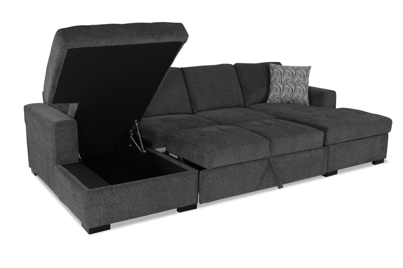 Made in Canada Legend 3-Piece Chenille Fabric Sleeper Sectional with Two Storage Chaises - Pepper Grey