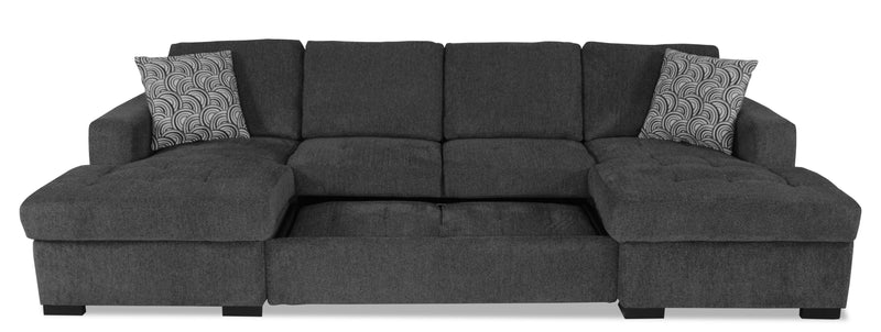 Made in Canada Legend 3-Piece Chenille Fabric Sleeper Sectional with Two Storage Chaises - Pepper Grey
