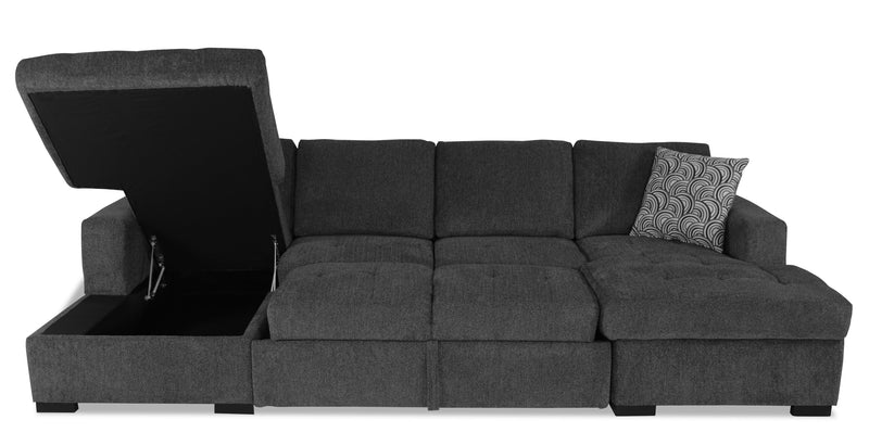 Made in Canada Legend 3-Piece Chenille Fabric Sleeper Sectional with Two Storage Chaises - Pepper Grey