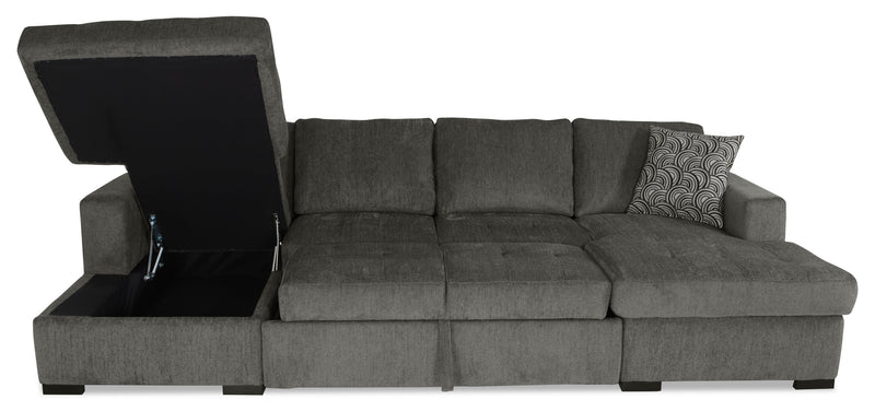 Made in Canada Legend 3-Piece Chenille Fabric Sleeper Sectional with Two Storage Chaises - Pewter Brown