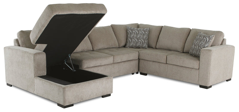 Made in Canada Legend 4-Piece Left-Facing Chenille Fabric Sleeper Sectional with Storage Chaise - Platinum Beige