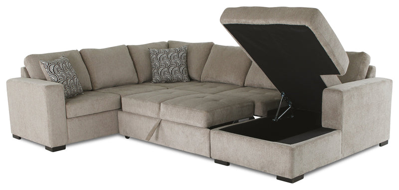 Made in Canada Legend 4-Piece Right-Facing Chenille Fabric Sleeper Sectional with Storage Chaise - Platinum Beige