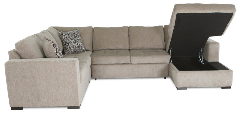 Made in Canada Legend 4-Piece Right-Facing Chenille Fabric Sleeper Sectional with Storage Chaise - Platinum Beige