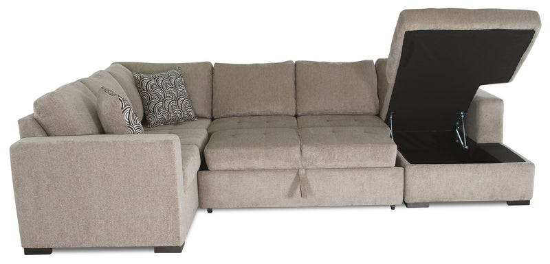 Made in Canada Legend 4-Piece Right-Facing Chenille Fabric Sleeper Sectional with Storage Chaise - Platinum Beige