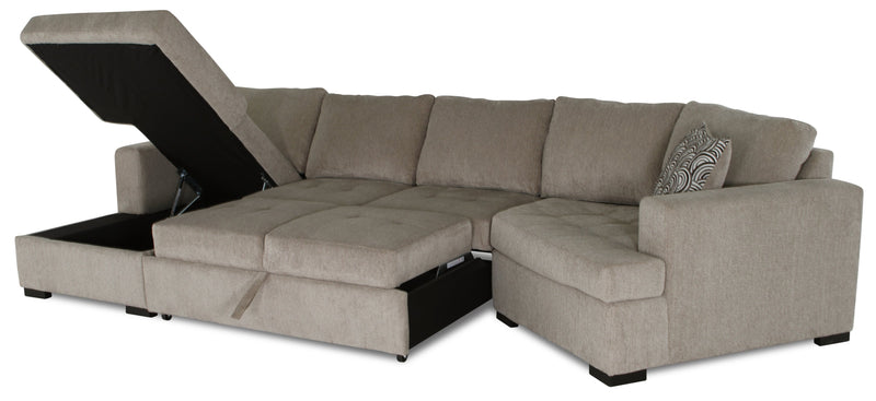 Made in Canada Legend 3-Piece Right-Facing Chenille Fabric Cuddler Sleeper Sectional with Chaise - Platinum Beige