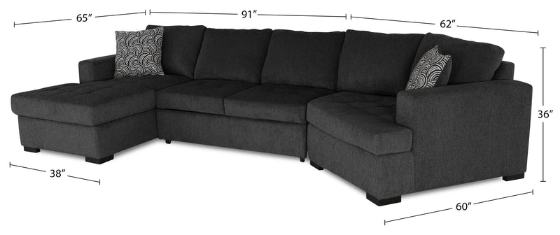Made in Canada Legend 3-Piece Right-Facing Chenille Fabric Cuddler Sleeper Sectional with Chaise - Pepper Grey