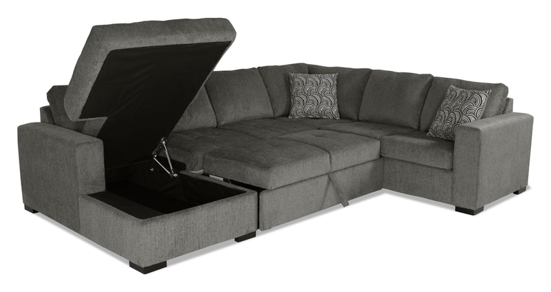 Made in Canada Legend 3-Piece Left-Facing Chenille Fabric Sleeper Sectional with Storage Chaise - Pewter Brown