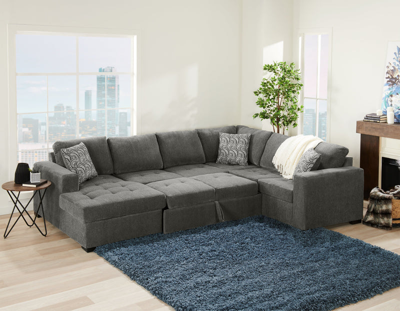 Made in Canada Legend 3-Piece Left-Facing Chenille Fabric Sleeper Sectional with Storage Chaise - Pewter Brown