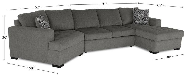 Made in Canada Legend 3-Piece Left-Facing Chenille Fabric Cuddler Sleeper Sectional with Chaise - Pewter Brown