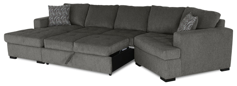 Made in Canada Legend 3-Piece Right-Facing Chenille Fabric Cuddler Sleeper Sectional with Chaise - Pewter Brown