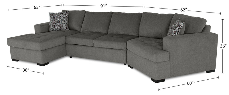 Made in Canada Legend 3-Piece Right-Facing Chenille Fabric Cuddler Sleeper Sectional with Chaise - Pewter Brown