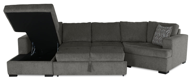 Made in Canada Legend 3-Piece Right-Facing Chenille Fabric Cuddler Sleeper Sectional with Chaise - Pewter Brown