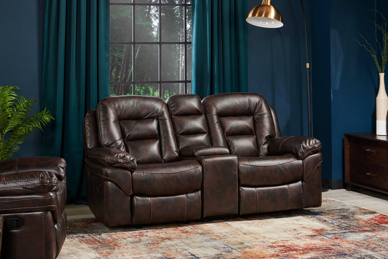 Leo 78\" Leather-Look Fabric Glider Reclining Loveseat with Storage Console - Walnut Brown
