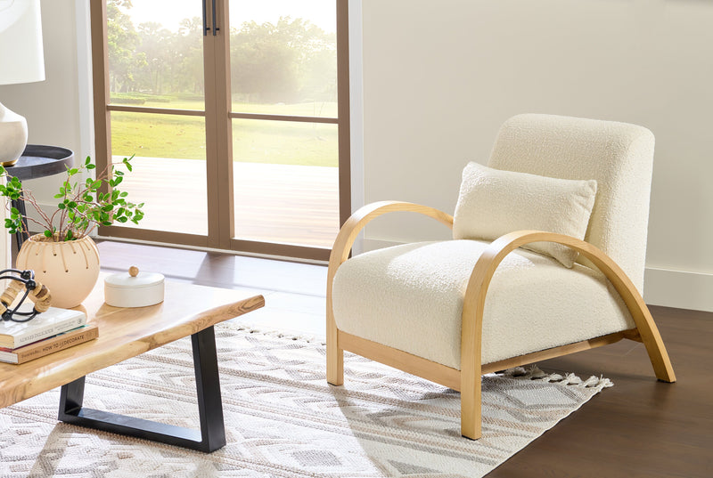 Loft 27.55\" Boucle Fabric Accent Chair with Accent Pillow and Wood Armrests and Legs - White
