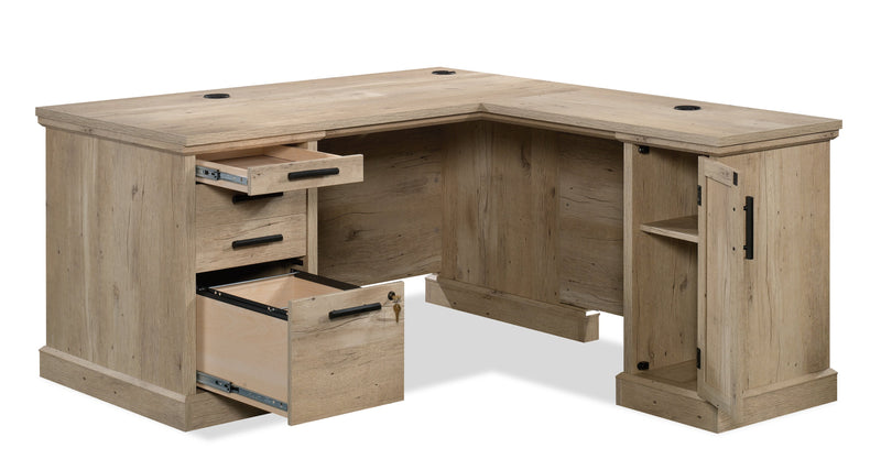 Mason Peak 59.06\" Commercial Grade L-Shaped Office Desk with 3-Drawers & Cabinet - Prime Oak