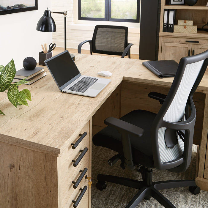 Mason Peak 59.06\" Commercial Grade L-Shaped Office Desk with 3-Drawers & Cabinet - Prime Oak