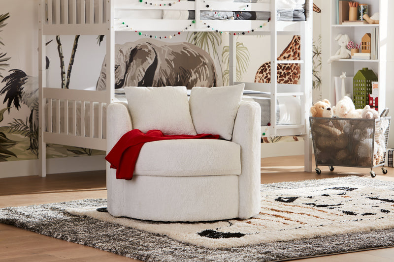 Made in Canada Petite 36\" Chenille Fabric Swivel Cuddler Accent Chair - Plush Heaven White