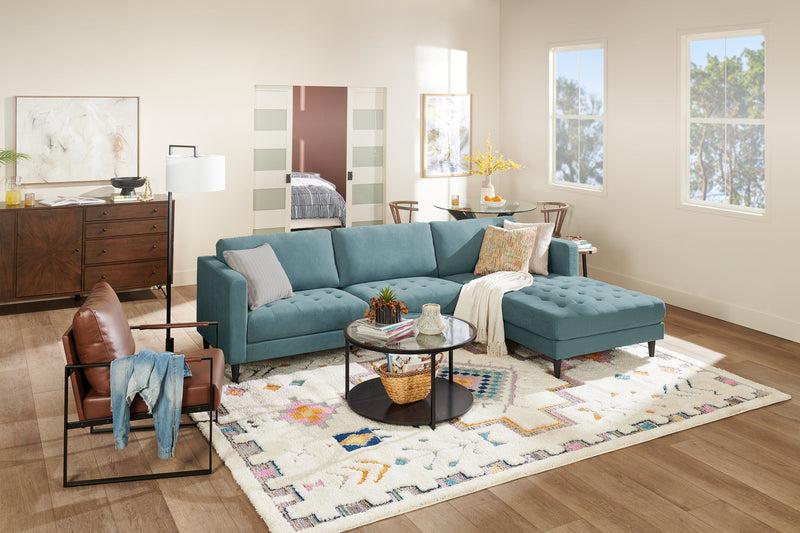 Metro 2-Piece Right-Facing Fabric Sectional with Chaise and Tufted Seat Cushions - Denim Blue