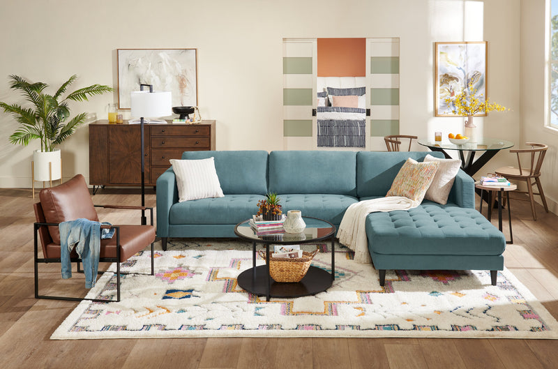Metro 2-Piece Right-Facing Fabric Sectional with Chaise and Tufted Seat Cushions - Denim Blue