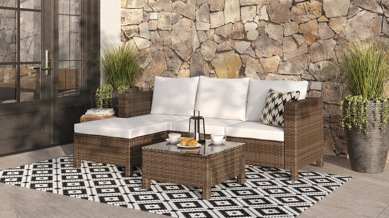 Miami 3-Piece Outdoor Patio Conversation Set with Sofa, Ottoman & Glass Top Coffee Table - Hand-Woven Resin Wicker, UV & Weather Resistant - Brown/Taupe