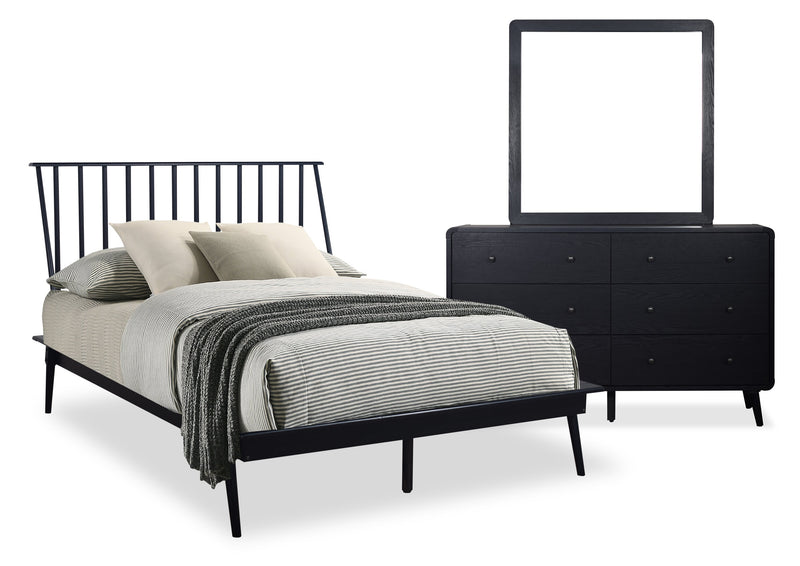 Milan 5pc Bedroom Set with Bed, Dresser & Mirror, Mid-Century Modern, Black - Full Size
