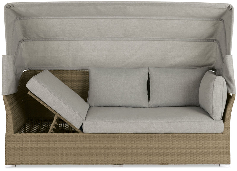 Montego 6-Piece Canopy Outdoor Patio Conversation Set with Canopy Sofa, 2 Armless Chairs, Ottoman, Glass Top Coffee & End Table - Hand-Woven Resin Wicker, UV & Weather Resistant - Natural/Beige