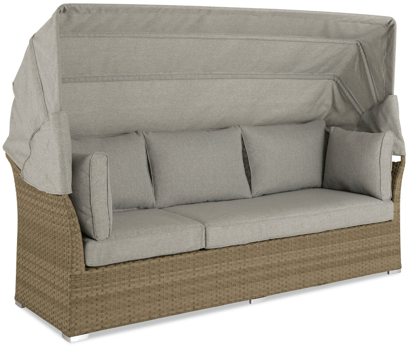 Montego 6-Piece Canopy Outdoor Patio Conversation Set with Canopy Sofa, 2 Armless Chairs, Ottoman, Glass Top Coffee & End Table - Hand-Woven Resin Wicker, UV & Weather Resistant - Natural/Beige