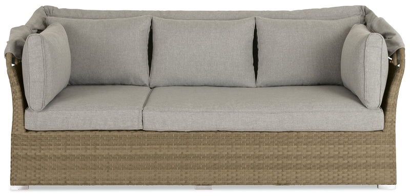 Montego 6-Piece Canopy Outdoor Patio Conversation Set with Canopy Sofa, 2 Armless Chairs, Ottoman, Glass Top Coffee & End Table - Hand-Woven Resin Wicker, UV & Weather Resistant - Natural/Beige