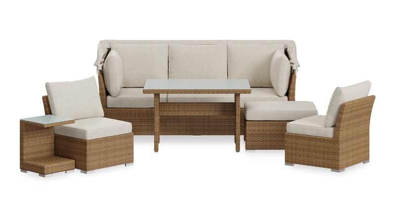Montego 6-Piece Canopy Outdoor Patio Conversation Set with Canopy Sofa, 2 Armless Chairs, Ottoman, Glass Top Coffee & End Table - Hand-Woven Resin Wicker, UV & Weather Resistant - Natural/Beige