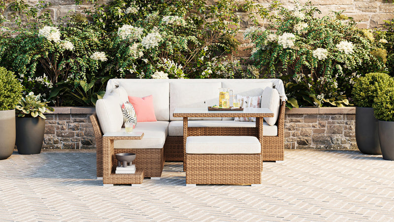 Montego 6-Piece Canopy Outdoor Patio Conversation Set with Canopy Sofa, 2 Armless Chairs, Ottoman, Glass Top Coffee & End Table - Hand-Woven Resin Wicker, UV & Weather Resistant - Natural/Beige