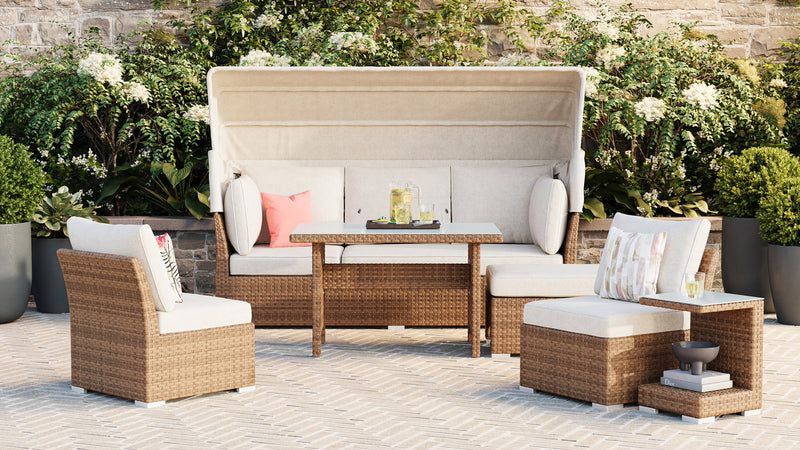 Montego 6-Piece Canopy Outdoor Patio Conversation Set with Canopy Sofa, 2 Armless Chairs, Ottoman, Glass Top Coffee & End Table - Hand-Woven Resin Wicker, UV & Weather Resistant - Natural/Beige