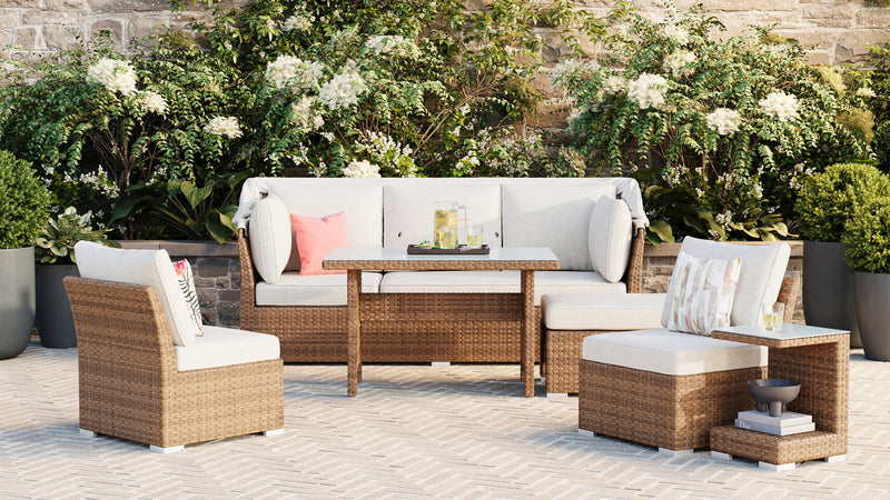 Montego 6-Piece Canopy Outdoor Patio Conversation Set with Canopy Sofa, 2 Armless Chairs, Ottoman, Glass Top Coffee & End Table - Hand-Woven Resin Wicker, UV & Weather Resistant - Natural/Beige
