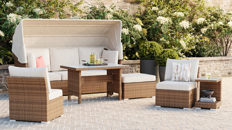 Montego 6-Piece Canopy Outdoor Patio Conversation Set with Canopy Sofa, 2 Armless Chairs, Ottoman, Glass Top Coffee & End Table - Hand-Woven Resin Wicker, UV & Weather Resistant - Natural/Beige