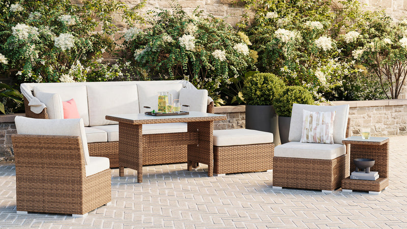Montego 6-Piece Canopy Outdoor Patio Conversation Set with Canopy Sofa, 2 Armless Chairs, Ottoman, Glass Top Coffee & End Table - Hand-Woven Resin Wicker, UV & Weather Resistant - Natural/Beige