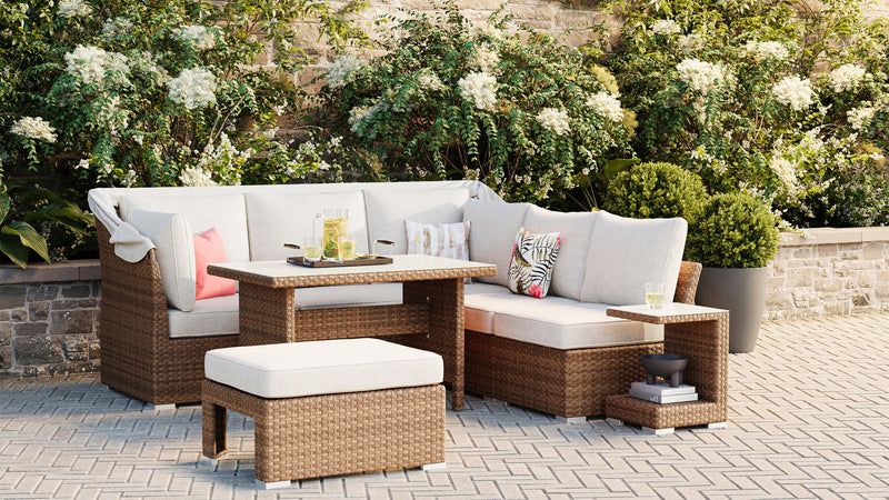 Montego 6-Piece Canopy Outdoor Patio Conversation Set with Canopy Sofa, 2 Armless Chairs, Ottoman, Glass Top Coffee & End Table - Hand-Woven Resin Wicker, UV & Weather Resistant - Natural/Beige