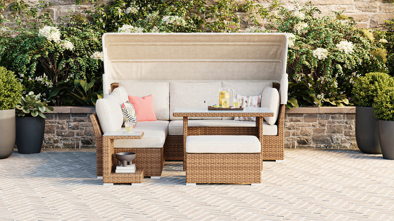 Montego 6-Piece Canopy Outdoor Patio Conversation Set with Canopy Sofa, 2 Armless Chairs, Ottoman, Glass Top Coffee & End Table - Hand-Woven Resin Wicker, UV & Weather Resistant - Natural/Beige