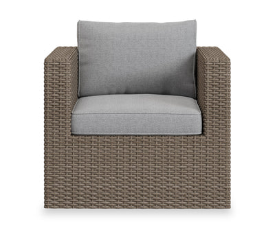 Naples Outdoor Patio Chair - Hand-Woven Resin Wicker, UV & Weather Resistant - Natural/Grey | Fauteuil Naples pour la terrasse à l’extérieur - osier en résine tressé à la main, résistant aux rayons UV et aux intempéries - naturel et gris