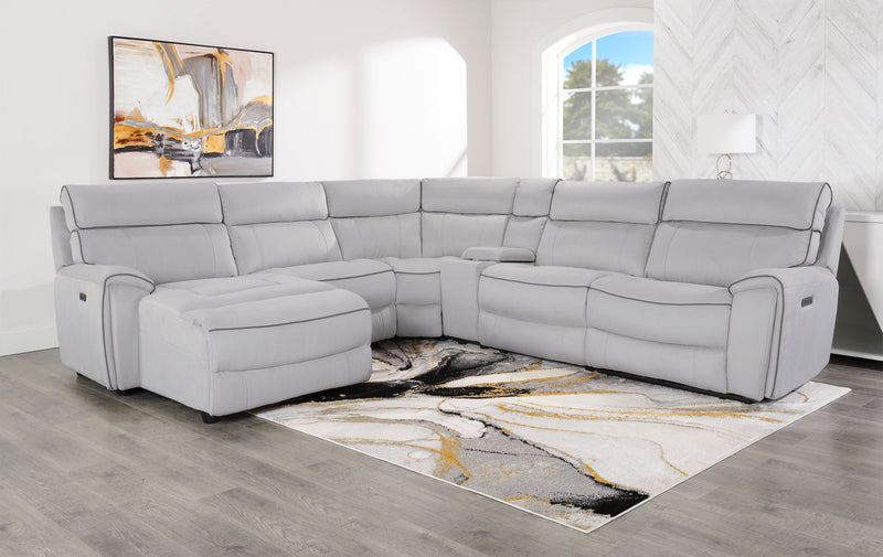 Cindy Crawford Home Newport 6-Piece Left-Facing Faux Suede Power Reclining Sectional with USB Port - Grey