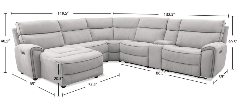 Cindy Crawford Home Newport 6-Piece Left-Facing Faux Suede Power Reclining Sectional with USB Port - Grey