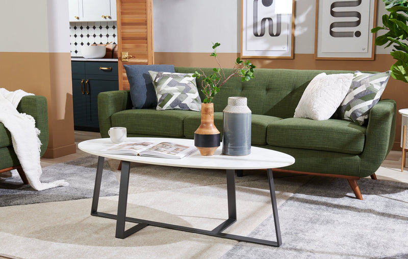 Kort & Co. Nico 51\" Modern Oval Coffee Table - White Sinetered Stone with Dark Grey Metal Legs