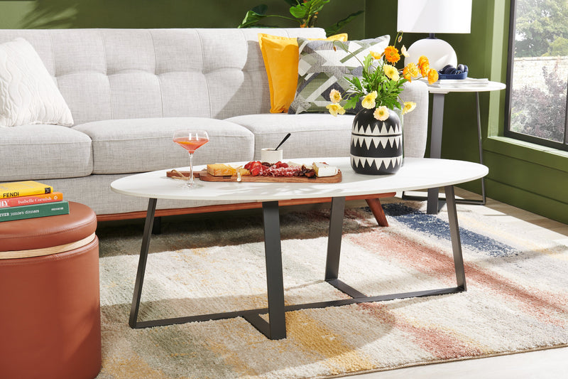 Kort & Co. Nico 51\" Modern Oval Coffee Table - White Sinetered Stone with Dark Grey Metal Legs