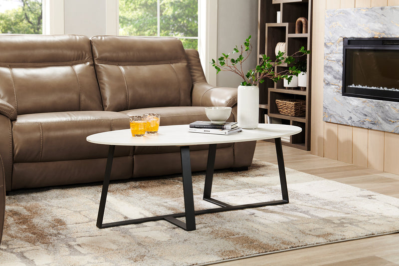 Kort & Co. Nico 51\" Modern Oval Coffee Table - White Sinetered Stone with Dark Grey Metal Legs