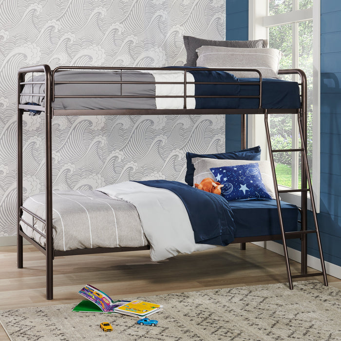 Noah Bunk Bed with Ladder & Guard Rail for Kids, Metal, Dark Bronze - Twin/Twin