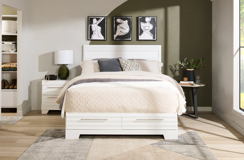 Olivia Platform Storage Bed with Headboard & Frame, Made in Canada, White - Queen Size