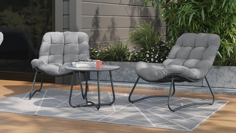 Oslo 3-Piece Outdoor Patio Conversation Set with 2 Lounger Chairs & Coffee Table - Resin Wicker & Metal, UV & Weather Resistant - Grey