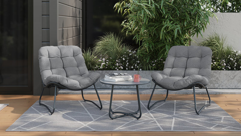 Oslo 3-Piece Outdoor Patio Conversation Set with 2 Lounger Chairs & Coffee Table - Resin Wicker & Metal, UV & Weather Resistant - Grey