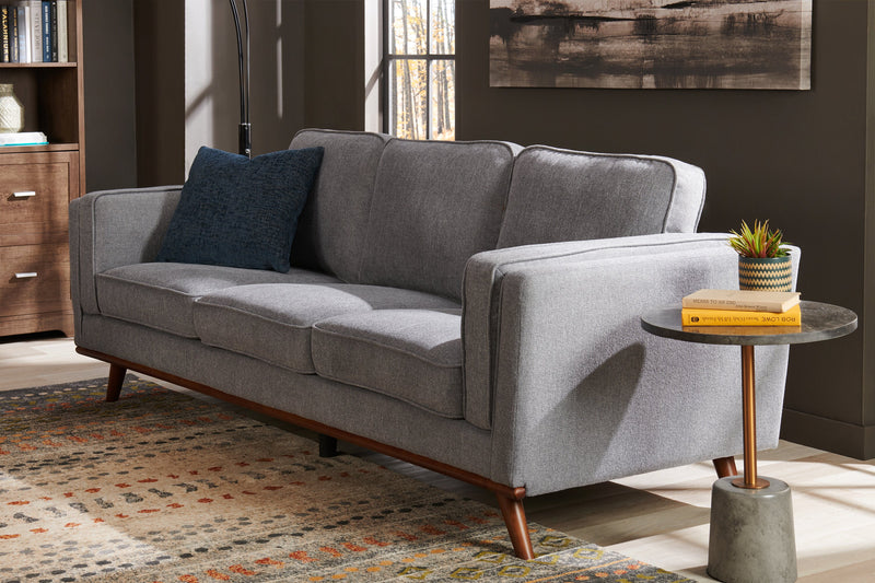 Kort & Co. Kassia 90.6\" Linen-Look Fabric Sofa with Wood Base and Legs - Grey
