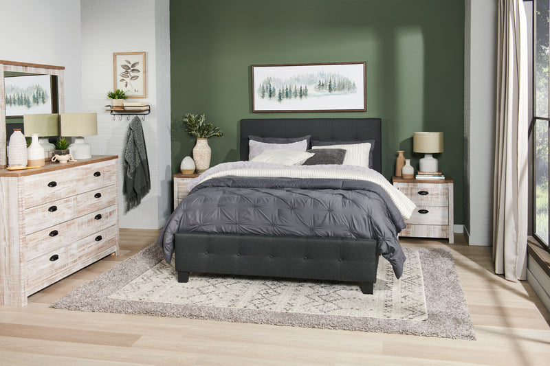 Page Upholstered Bed in Charcoal Linen-Look Fabric, Button Tufted - Full Size