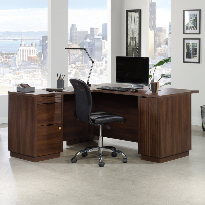 Palo Alto 59.13\" Commercial Grade L-Shaped Office Desk with 3-Drawers & Cabinet - Mahogany